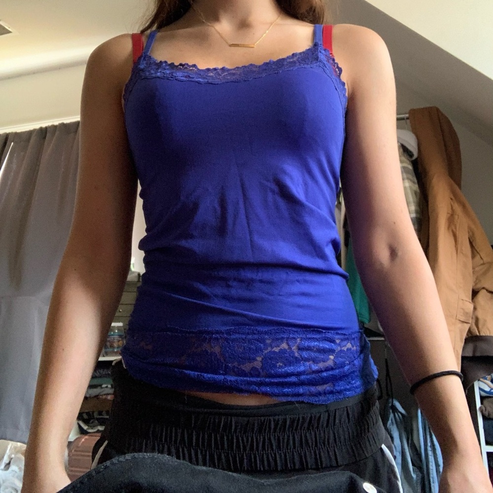 Blue tank top with lace edging